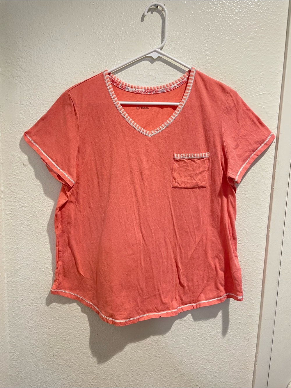 🌸 Carole Hochman Coral Pink Striped Trim V-Neck Pajama Top L 🌸